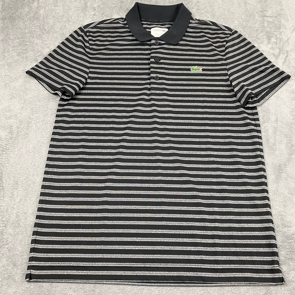 Lacoste Men M Polo Shirt Black Grey Striped Short Sleeve Sport Performance